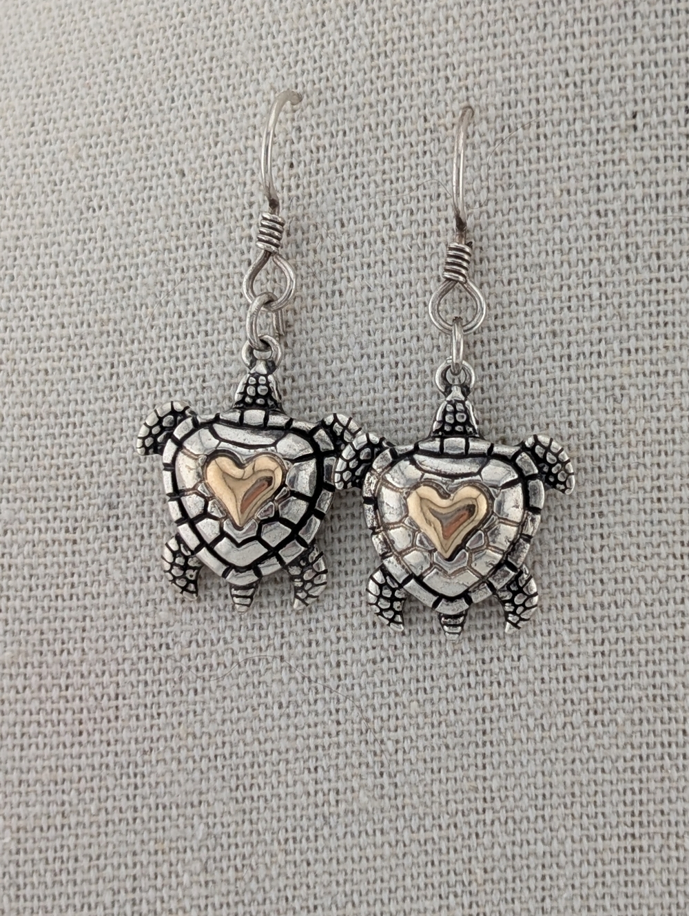VTG 14K & 925 Sterling Silver Turtles With Gold Hearts Dangle Drop Earrings